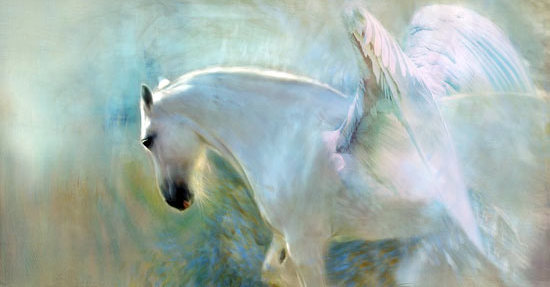 Ein weißes Pferd mit weißen Engelflügeln