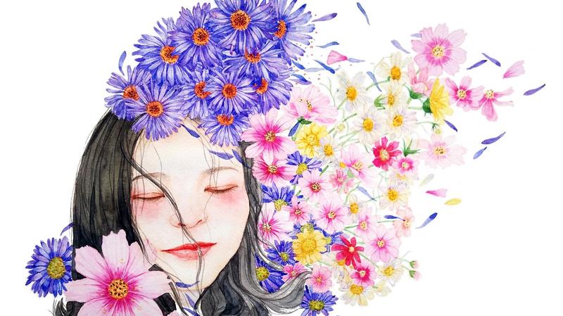 Aquarell: Mädchen mit Blumen um den Kopf
