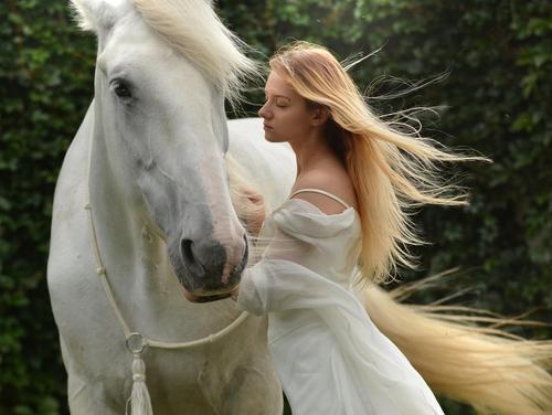 Blonde Frau in weißem Kleid mit weißem Pferd Traumyoga Ausbildung